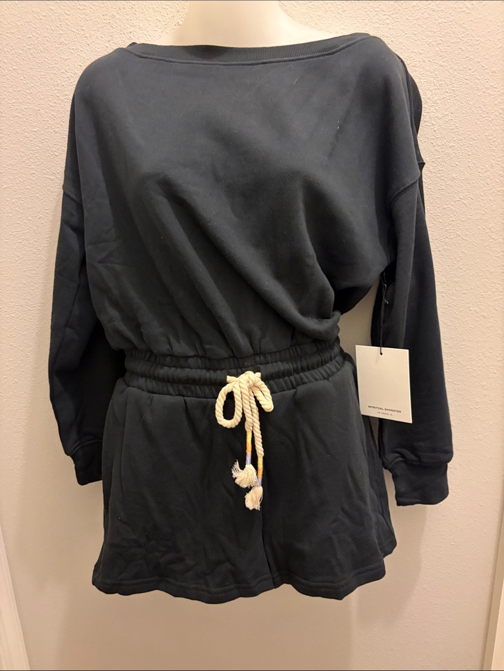 Spiritual Gangster Black Long Sleeve La Vida Romper with Rope Drawstring NWT XS